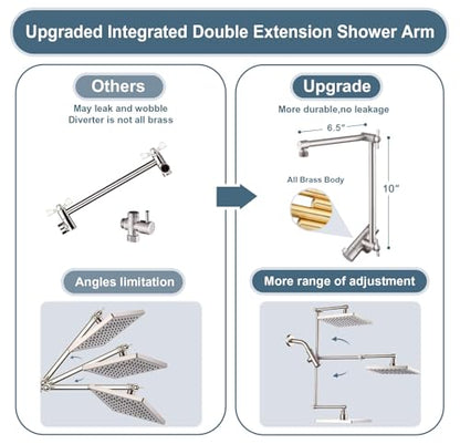 BRIGHT SHOWERS High Pressure Rain Shower Head Combo with Double Extension Arm, 8 Inch Rainfall Shower Head with Handheld Spray, Height Adjustable Dual Square Showerhead Set, Brushed Nickel - color: Brushed Nickel, style: Dual Shower Head with Extension Ar