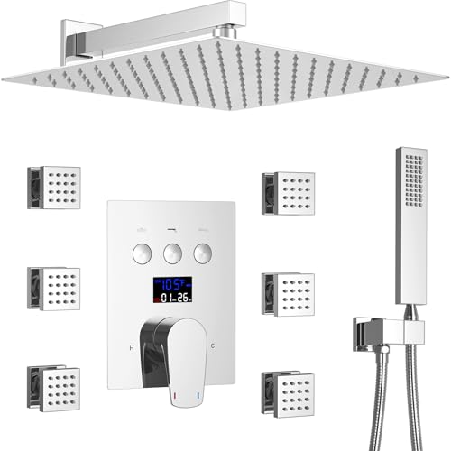 Temperature Display Rain Mixer Shower Faucet Set with 6 pcs Body Jets 12 inch Square Rainfall Shower Head with Handheld Spray Wall Mounted Rough-in Valve and Trim Included,Chrome - color: Chrome