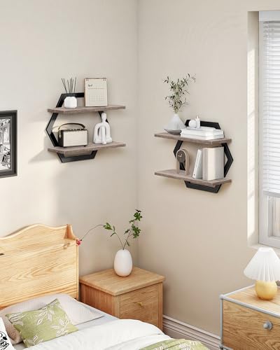 Hexagon Floating Shelves for Wall, Set of 2, 2 -Tier Hanging Shelves, Wall Mounted Storage Shelves, for Living Room, Bedroom, Kitchen, Home Office, Study, Greige TBJ06P2BG - color: Greige + Black