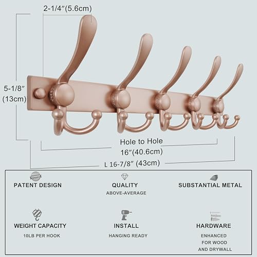 Coat Rack Wall Mount, Heavy Duty 12-Gauge Base vs Flimsy 1mm, Double-Thick Solid Anti-Snap Hooks, 16” Stud-Mount, Stainless Steel Hanger for Clothes Hat Entryway Closet Mudroom, Rose Gold - color: Rose Gold, size: L=17" (1pcs)