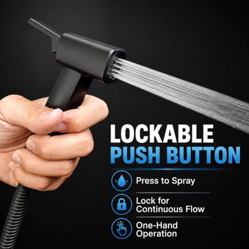 Handheld Bidet Sprayer for Toilet, Lockable Push Button, High Pressure Bathroom Sprayer, Cloth Diaper & Personal Hygiene Sprayer, Tank Mount No-Drill Install, Stainless Hose Set, Black Color - color: Black