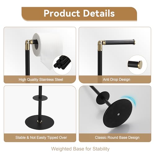 BGL Freestanding Toilet Paper Holder, Tissue Holder On Floor with Reserve Storage Paper Rolls, Roll Paper Holder Standing On Floor (Black & Gold)