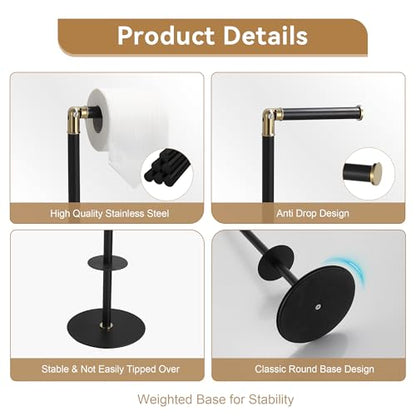BGL Freestanding Toilet Paper Holder, Tissue Holder On Floor with Reserve Storage Paper Rolls, Roll Paper Holder Standing On Floor (Black & Gold)