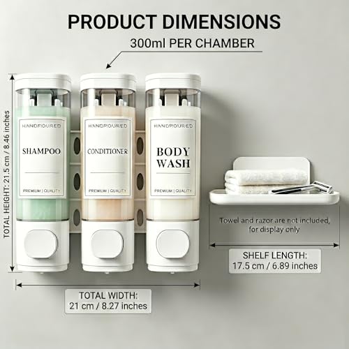 Shampoo and Conditioner Dispenser, Wall-Mounted Shower Soap Dispenser, 3 in 1 No Drill Wall Mounted Soap Dispenser, Large Capacity Triple Refillable Bottles for Bathroom, Hotel, Gym (White)