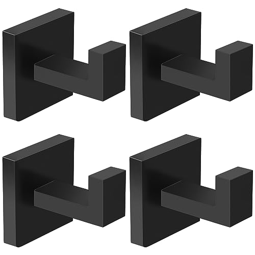 IBosins 4-Pack Towel Hooks Hand Towel Holder Bathroom Robe Hanger Coat Hook | Matte Black Square Bath Towel Hook Wall Mount Heavy Duty Stainless Steel Hat Hook for Living Room Bedroom Kitchen Closet - color: Black