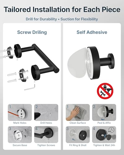 RARXTR 3PCS Bathroom Hardware Set, Matte Black Wall Mounted Toilet Paper Holder, 2 Suction Cup Towel Hooks, Bathroom Accessories SUS 304 Stainless Steel, Rust-Proof, Modern - color: Matte Black