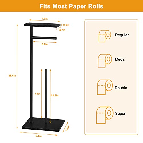 Toilet Paper Holder Free Standing Black Bathroom Toilet Paper Holder Stand with Storage Shelf, Freestanding Roll Tissue Holders Dispenser for Reserve Spare Mega Rolls - color: Black