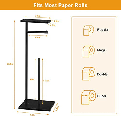 Toilet Paper Holder Free Standing Black Bathroom Toilet Paper Holder Stand with Storage Shelf, Freestanding Roll Tissue Holders Dispenser for Reserve Spare Mega Rolls - color: Black