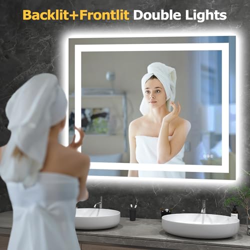 Hivone 40"X32" LED Bathroom Mirror with Lights, Anti-Fog, Dimmable, Backlit + Front Lit, Smart Bathroom Vanity Mirror, Memory Function, Shatterproof, Tempered Glass (Horizontal/Vertical) - size: 32"L x 40"W