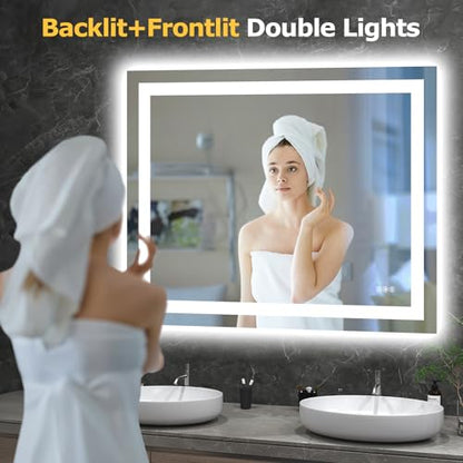 Hivone 40"X32" LED Bathroom Mirror with Lights, Anti-Fog, Dimmable, Backlit + Front Lit, Smart Bathroom Vanity Mirror, Memory Function, Shatterproof, Tempered Glass (Horizontal/Vertical) - size: 32"L x 40"W