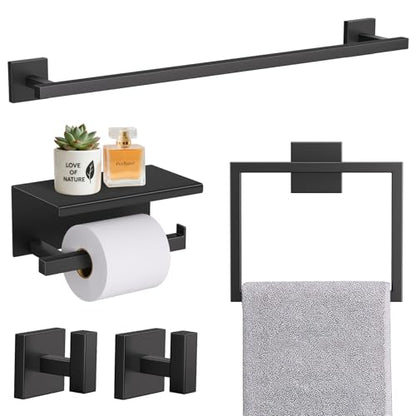 TURS 5-Pieces Matte Black Bathroom Hardware Accessories Set 23.6" Towel Bar Set Wall Mounted Square Toilet Paper Holder with Shelf Stainless Steel - color: Matte Black
