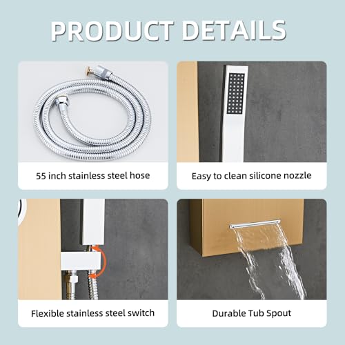 5-In-1Shower Panel Tower System-Brushed Gold | 304 stainless steel Shower Panel Column Tower With Powerful Body Jets,Body Spray,Rainfall,Waterfall,Handheld And Tub Spout - color: Gold
