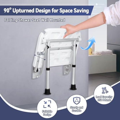 TYYIHUA Folding Shower Seat Wall Mounted, Shower Chair for Inside Shower | Adjustable Height from 16.9" to 20.9", Foldable Shower Bench Stool for Adults, Pregnant Women, Elderly and Disabled