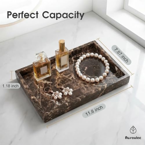 Natural Marble Tray Heavyweight Stone Vanity Tray for Bathroom Countertop, Coffee Table & Dresser - Handcrafted Rectangular Organizer (Coffee Brown, 12" x 8" x 1.2") - color: Coffee Brown