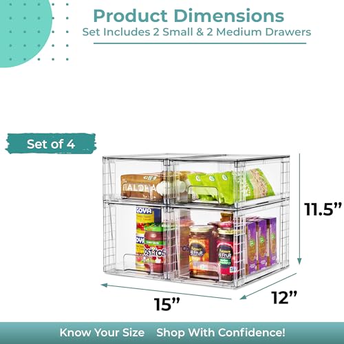 Sorbus Stackable Clear Storage Drawers, 4 Pack (2 Medium + 2 Small) Pull-Out Organizer Bins – Plastic Drawer Organizers for Bathroom, Vanity, Makeup, Under Sink & Countertop Organization - size: 2 Small + 2 Medium
