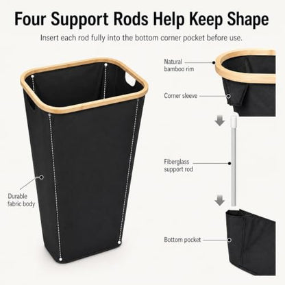 Slim Bamboo Laundry Hamper with Lid, Collapsible Clothes Hamper with Removable Inner Bag and Fiberglass Support Rods, Narrow Laundry Basket for Bedroom Bathroom Dorm, Black, 15.7 x 11.8 x 23.6 In
