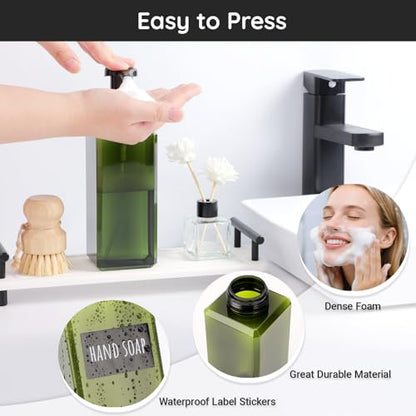 Segbeauty 22oz Empty Plastic Foam Bottle with Foaming Pump, 2pcs Refillable Bathroom Hand Soap Dispenser with Labels, 650ml Green Empty Square Kitchen Liquid Soap Container, Shampoo Pump Bottles - color: Green, style: 2pcs 22oz