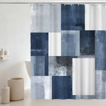 Navy Blue Black Shower Curtain, Modern Geometry Plaid Check Shower Curtains for Bathroom, Ombre Abstract Waterproof Polyester Fabric Shower Curtain Set with Hooks, Standard Size 72 x 72 inches - color: Blue Black