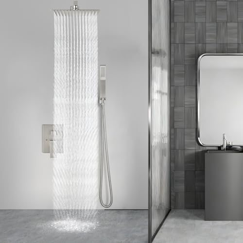 Aolemi Shower Faucet Set with Handheld Brushed Nickel 16 Inch Head | Pressure Balance Shower Valve and Trim Kit,SUS304 Rain Head and Handle System,All Metal,Wall Mount,Bathroom,Handheld Spray - color: Nickel, size: 16 Inch Wall Mount Shower Head