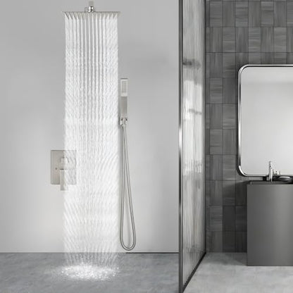 Aolemi Shower Faucet Set with Handheld Brushed Nickel 16 Inch Head | Pressure Balance Shower Valve and Trim Kit,SUS304 Rain Head and Handle System,All Metal,Wall Mount,Bathroom,Handheld Spray - color: Nickel, size: 16 Inch Wall Mount Shower Head