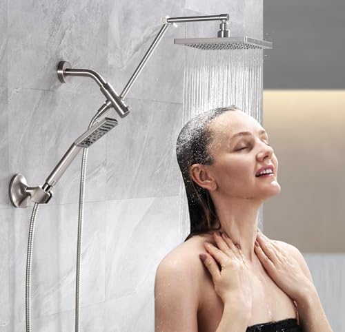 BRIGHT SHOWERS High Pressure Rain Shower Head Combo with Double Extension Arm, 8 Inch Rainfall Shower Head with Handheld Spray, Height Adjustable Dual Square Showerhead Set, Brushed Nickel - color: Brushed Nickel, style: Dual Shower Head with Extension Ar