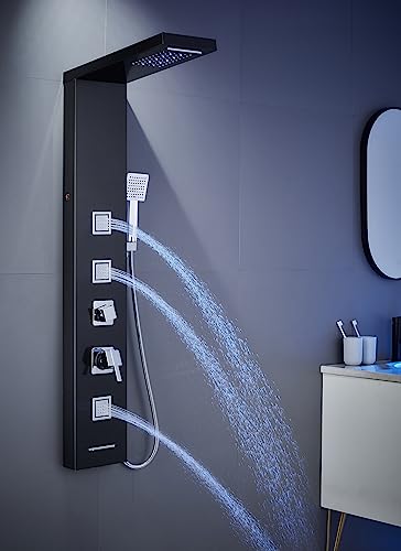 5-in-1 LED Shower Panel Tower System Stainless Steel Black | Rainfall + waterfall heads | 3 massage jets | Handheld shower | Tub spout | LED lights | Wall mount - color: Black