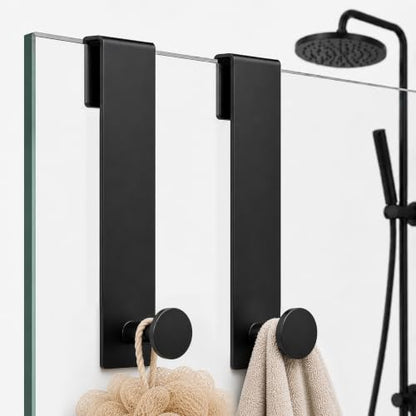 Over Glass Shower Towel Hooks, Shower Door Hooks, Black, 2 Pack | 7.5 inch Length, Stainless Steel, Heavy Duty, Easy Installation, Soft Padding, Shower Towel Hooks For Glass Shower Door