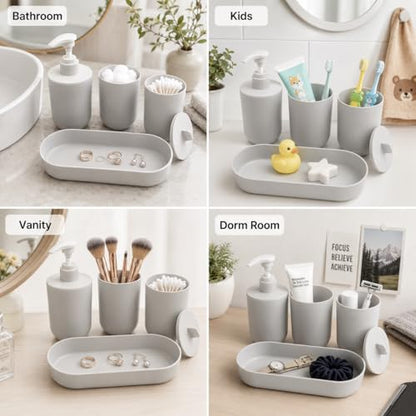 LGURT Light Gray Bath Accessories — 4-Pc Dispenser, Cup, Tumbler & Tray | Plastic, Vanity Tray (7.87"×2.56"), Apartment Dorm Guest Bath, Soap Dish, Gift - color: Light Gray