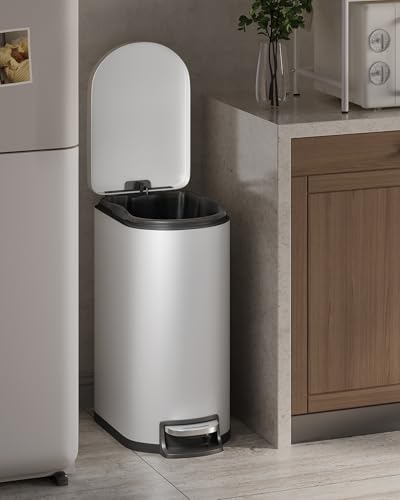 GarveeHome 13 Gal / 50 L Stainless Steel Kitchen Trash Can with Lid, Slim Step-On Garbage Bin, Large Rustproof Metal Trash Can with Soft Close, Inner Bucket & Rear Handle, White - color: White, size: 13 Gallon