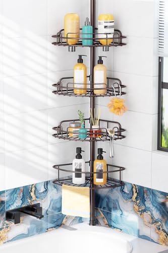HAMITOR Corner Shower Caddy Tension Pole: No-Drill Rustproof Bathroom Shelf | 4-Tier Large Storage for Renters, 47-121 in Adjustable Rack, Quick Installation, Supports Up to 22 lbs, Hooks and Towel Bar - color: Bronze