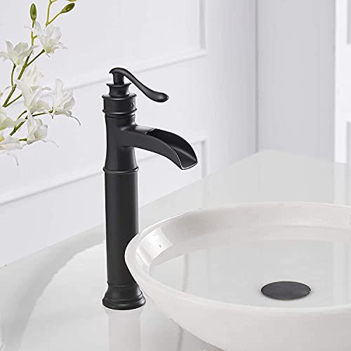 Vessel Sink Faucet Black Waterfall Bathroom Faucets Single Hole | with Pop Up Drain Stopper and Supply Lines,Drip-free Ceramic Cartridge, Farmhouse Vanity Bowl Sink Faucet,Lead-Free Brass - color: Black