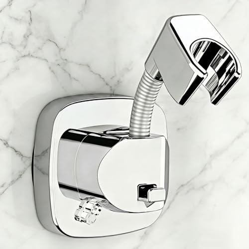 360° Swivel Shower Head Holder with Strong Suction Cup, Adjustable No Drill | Tool-free install in seconds, bathroom wall mount handheld shower bracket, removable, waterproof, 10kg built-in storage hook - color: Silver