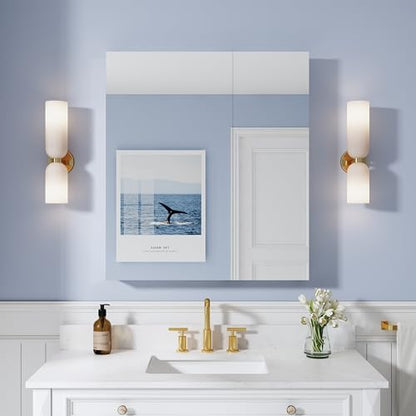32" x 36" Bathroom Medicine Cabinet with Mirror, Anodized Chrome Aluminum Frame, Surface Mount or Recessed Medicine Cabinet with Mirror, Bathroom Mirror with Storage, Double Doors - size: 32"x36"-A