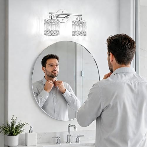 Lxybcce 2-Light Bathroom Vanity Light, 14 in Modern Crystal Bathroom Lighting Fixtures Over Mirror, E26 Hardwired Bathroom Wall Sconce, Chrome - color: Chrome, size: 14in