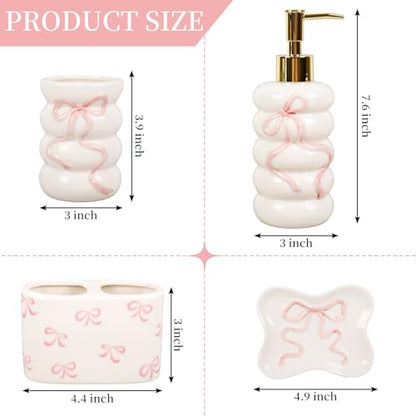 JarThenaAMCS 4Pcs Pink 3D Bow Bathroom Accessories Coquette Ceramic Liquid Dispenser Toothbrush Holder Tumbler Soap Dish for Valentine's Day Home Vanity Decor