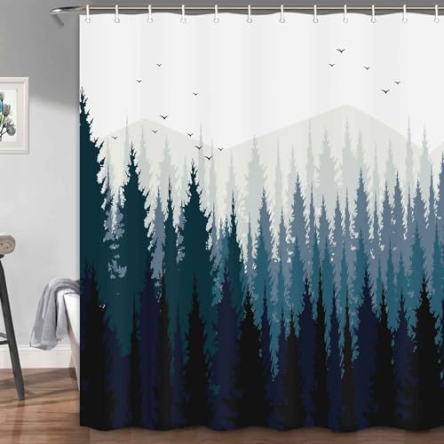 JAWO Rustic Scenery Shower Curtain, Black Forest Fog Bird Mountain, Polyester Fabric Waterproof Shower Curtain Bathroom, 69X70in, Shower Curtains Hooks Included - color: Blue, size: 69"W x 70"L (Pack of 1)