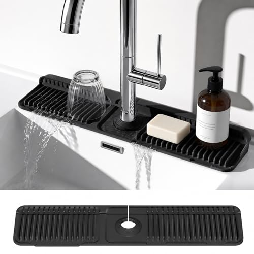 24 Inch Faucet Mat for Kitchen Sink, Silicone Splash Guard for Kitchen Sink Area, 7° Slope Fast Self-Draining Sink Mat, Cuttable Hole Design, Sink Backsplash Guard Draining Mat, Black - color: Black