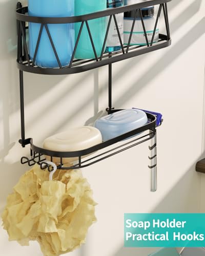 HapiRm Hanging Shower Caddy, Rustproof & Waterproof Shower Organizer with Soap Holder & 4 Hooks, No Drilling Hanging Bathroom Shelf for Bathroom - Black