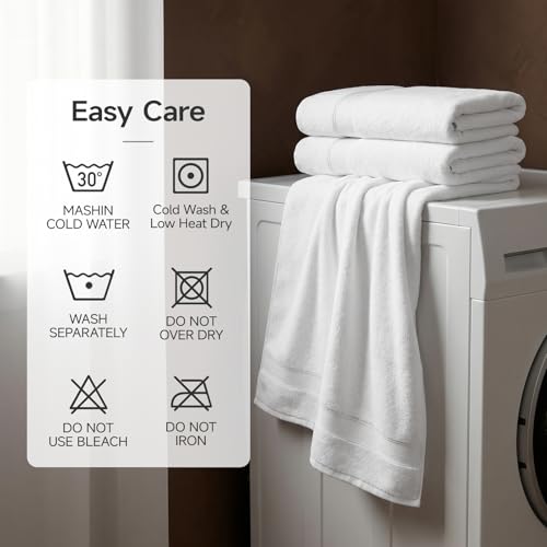 REDKISS White Bath Towels 4-Pack, 100% Cotton, Thick Plush & Highly Absorbent, 27.5" x 55" for Bathroom Spa & Home - color: White