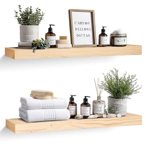 Solid Wood Floating Shelves, 36 Inch Wall Shelves, Set of 2, Wood | 8 Inch Deep, 1.6 Inch Thick, Extra-Wide Display Space, Mounting Hardware Included, For Kitchen, Bathroom and Living Room - color: Wood, size: 36x8x1.6