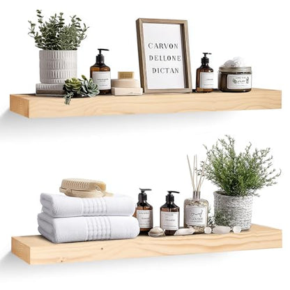 Solid Wood Floating Shelves, 36 Inch Wall Shelves, Set of 2, Wood | 8 Inch Deep, 1.6 Inch Thick, Extra-Wide Display Space, Mounting Hardware Included, For Kitchen, Bathroom and Living Room - color: Wood, size: 36x8x1.6