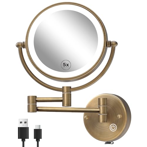 Makeup Mirror Wall Mounted with Lights, 5X Magnification, Antique Brass | 8-Inch, Bathroom Extendable Arm Magnifier, Touch Dimmable, 3-Colors LED, 2-Sided Shaving Vanity, Brushed Finish, Rechargeable - color: Antique Brass