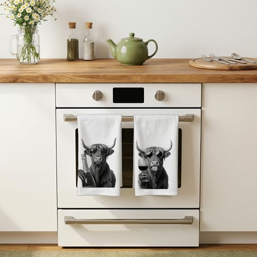 Funny Highland Cow Wine Kitchen Dish Towels Set of 2-Gifts for Wine and Cow Lovers, Western Highland Heifer Hand Tea Towels for Home Bar Kitchen, 16x24 Inches-042 - color: Wcolor 007
