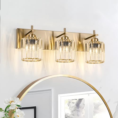 Modern Crystal Bathroom Vanity Lights, Gold 3-Lights Bathroom Light Fixtures Over Mirror, Crystal Wall Lighting with Polished Brass Finish - color: Gold-Round Shade, size: 3-Light