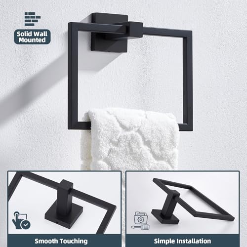 Matte Black Square Towel Holder for Bathroom, 304 Stainless Steel | 180° Rotating Ring for Easy Towel Access, 6.3" Inner Ring, Quiet & Smooth Operation, Easy Drilling Wall Mounted, Modern Style - color: Matte Black