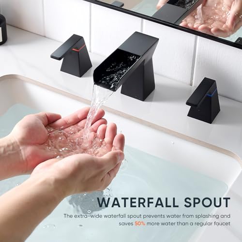 Matte Black Waterfall Bathroom Faucet for 3-Hole Sinks 8 Inch Widespread Vanity Faucet with Sculptural Trapezoid Body, Two Handles, Pop-Up Drain & Hoses - color: A - Matte Black