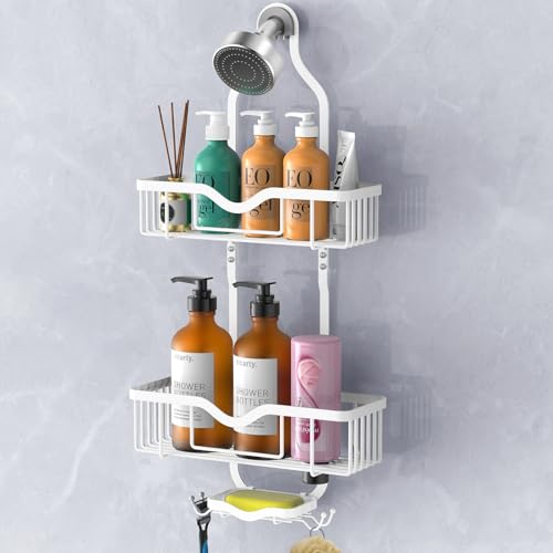 Shower Caddy Hanging, Bathroom Shower Rack, Bathroom Organizer with Soap Dish, Over The Showerhead Caddy with Hooks for Razor/Sponge, Soft White (Assembly Required) - color: Soft White