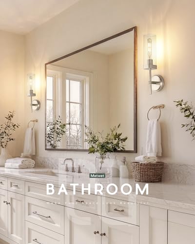 Set of 2 Brushed Nickel Bathroom Sconces, Square Clear Glass | Modern bathroom vanity light fixtures, upward-only mount, E26 base, hardwired, bulbs not included, VL262-BN-2PK - color: Brushed Nickel-Square Clear Glass, 2-Pack