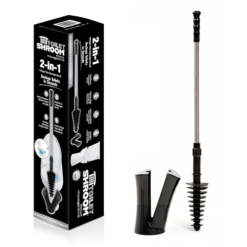 ToiletShroom Revolutionary Plunger, Squeegee, Clog Remover, Drain Cleaner, Bathroom Toilet Dredge Tool, Stainless Steel Handle with Caddy Holder, Оne Расk, Black