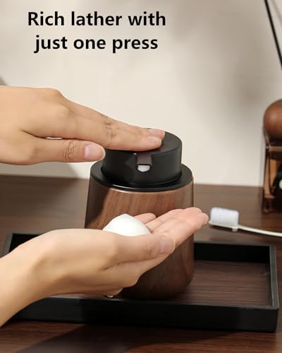 Walnut Wood Grain Foaming Soap Dispenser, Refillable Foam Bottle | Foaming Hand Soap Pump Dispenser for Bathroom, Kitchen, Modern Farmhouse Decorative Liquid Soap Dispenser, 9 oz